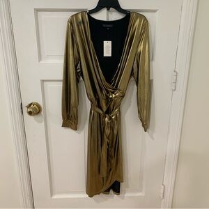 Eloquii Metallic Gold V Neck Belted Wrap Dress Plus Size 18 NWT